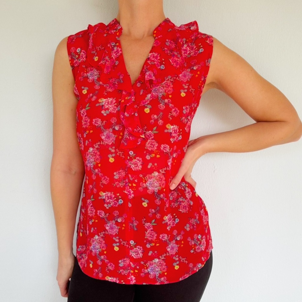 CAbi red floral sleeveless ruffle trim sheer fabric blouse size small - Picture 2 of 11